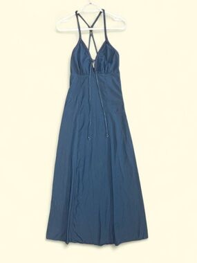 Forever 21 Boho Flowy Coastal Cowgirl  Deep V-Neck Sleeveless Blue Maxi Dress